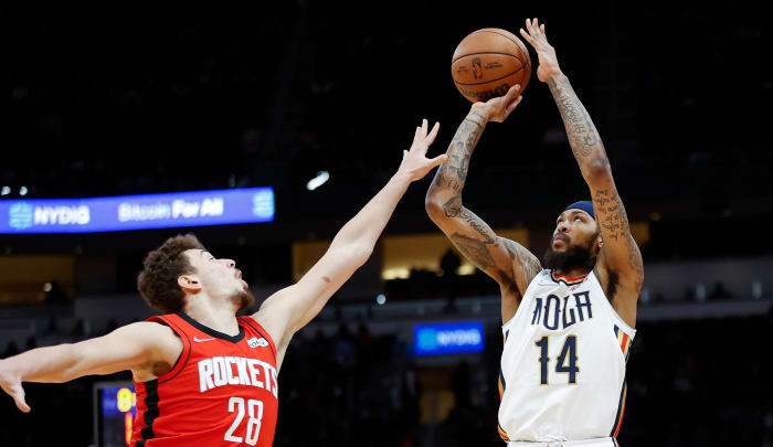 Houston Rockets center Alperen Şengün contests a shot by New Orleans Pelicans forward Brandon Ingram